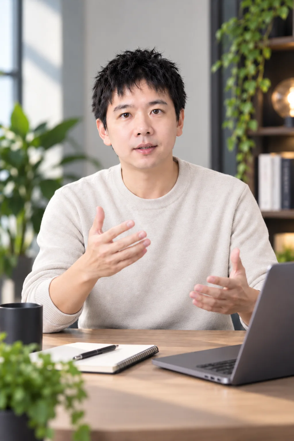 槿川坐在桌前，一邊比手勢一邊講解