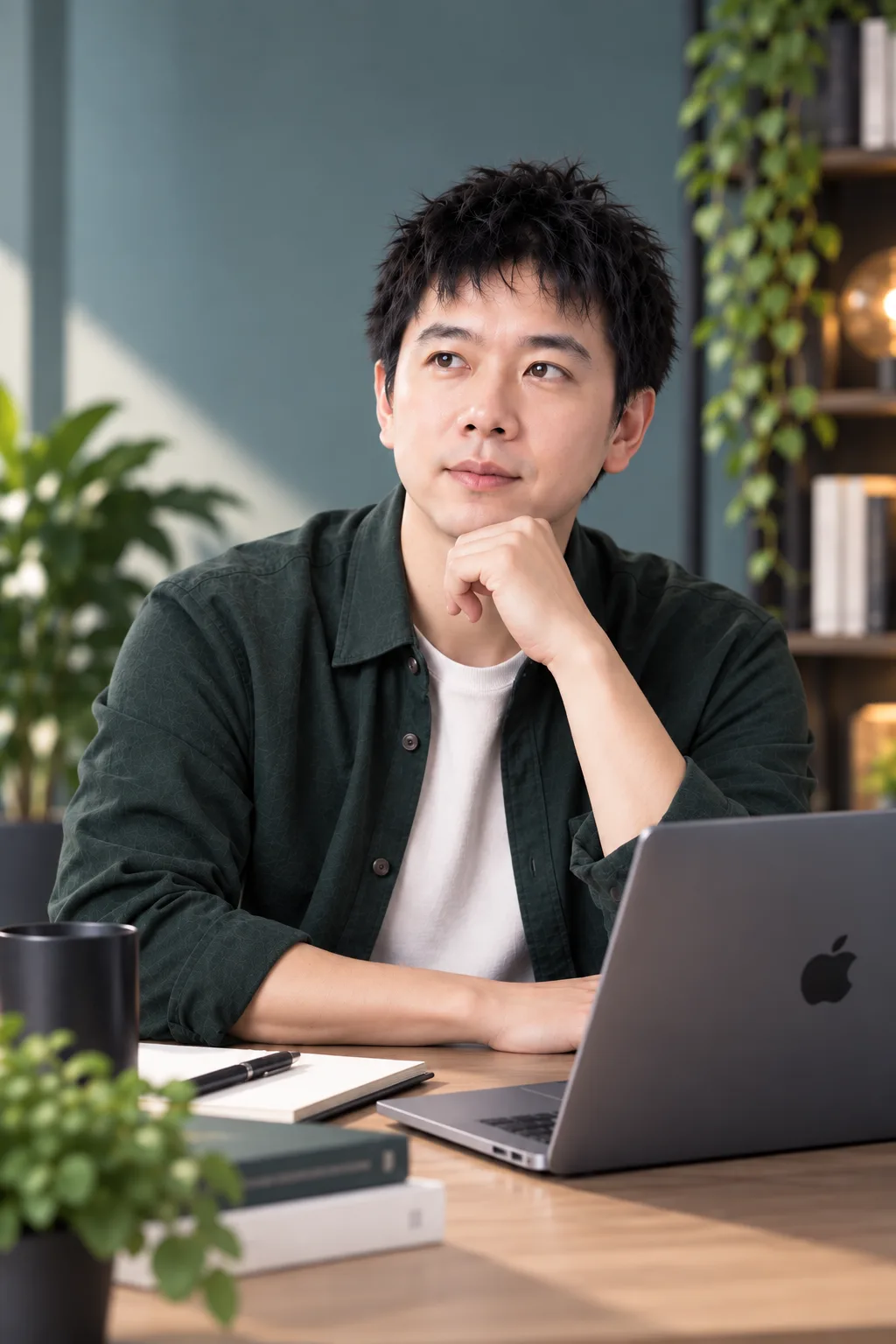 槿川在書桌前托腮思考，桌上放著筆電與筆記本